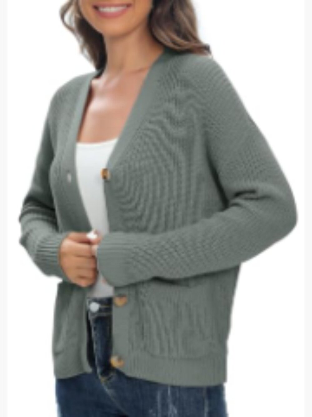 Lightweight Knit Open Front V-Neck Long Sleeve Button Down Cardigan with Pockets - Picture 3 of 6